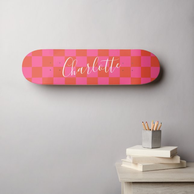 Personalized Pink and Orange Chequerboard Pattern  Skateboard (Wall Art (Horz))