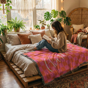 Personalized Pink and Orange Chequerboard Pattern Throw Blanket
