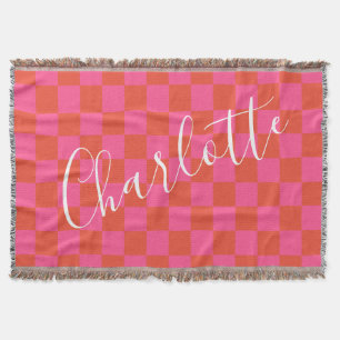 Personalized Pink and Orange Chequerboard Pattern Throw Blanket