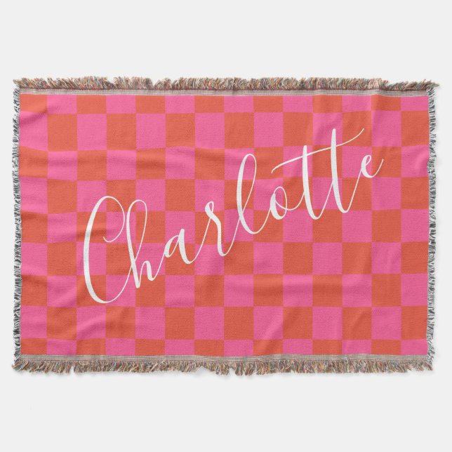 Personalized Pink and Orange Chequerboard Pattern  Throw Blanket (Front)