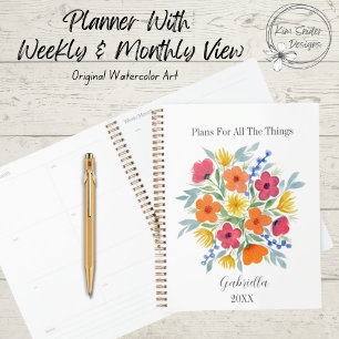 Personalized Pink and Orange Watercolor Flowers Planner
