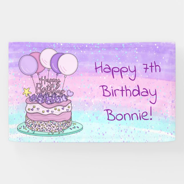 Personalized Pink and Purple Girl's Birthday Party Banner (Horizontal)