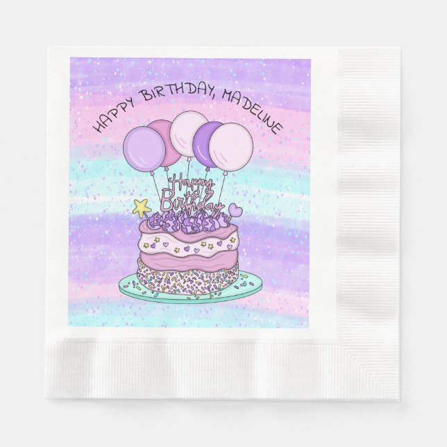 Personalized Pink and Purple Happy Birthday  Napkin (Front)