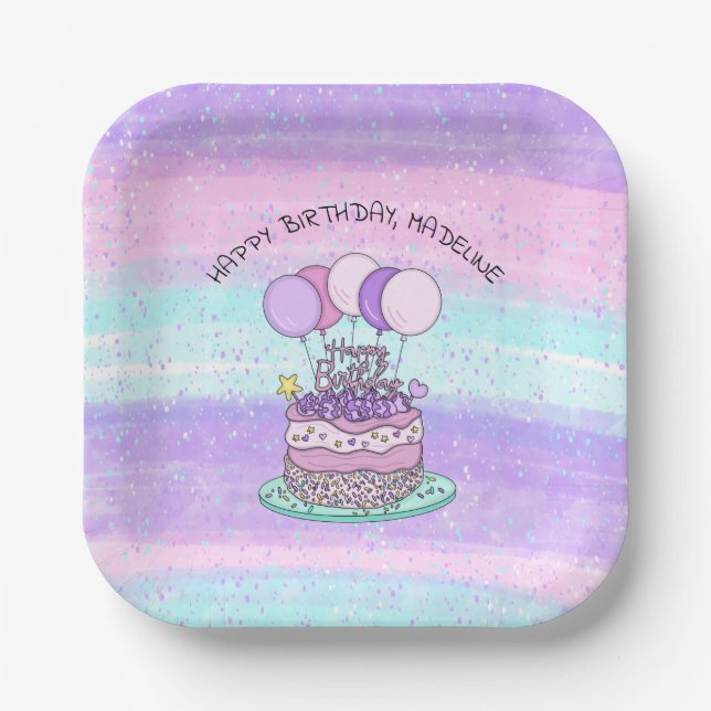 Personalized Pink and Purple Happy Birthday  Paper Plate (Front)