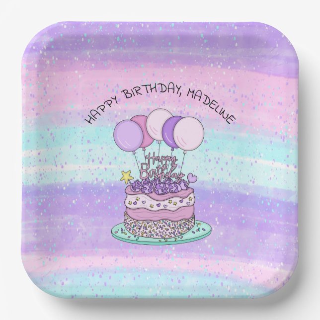 Personalized Pink and Purple Happy Birthday   Paper Plate (Front)