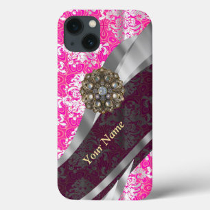 Personalized pink and white damask pattern iPhone 13 case