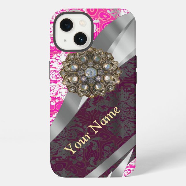 Personalized pink and white damask pattern iPhone case (Back)