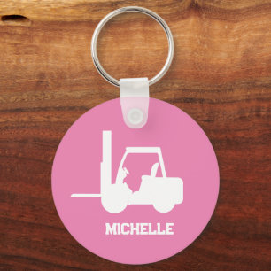 Personalized pink and white Forklift Keychain