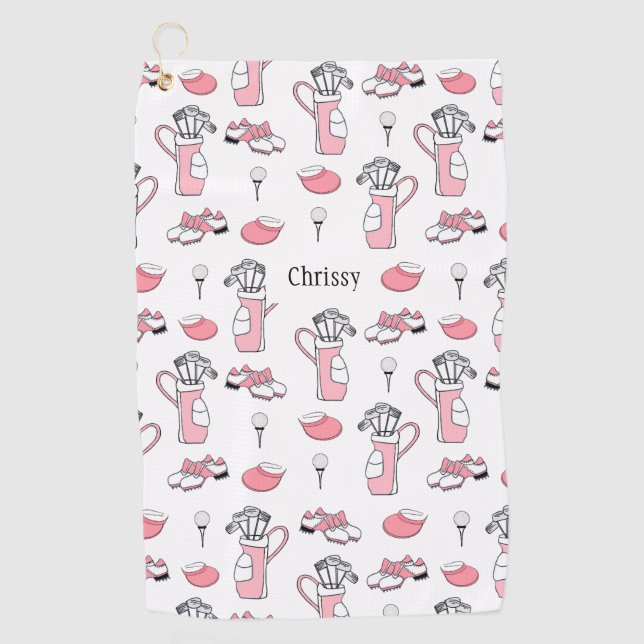 Personalized Pink and White Golf Theme Ladies Golf Towel (Front)