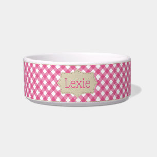 Personalized Pink and White Plaid Pet Bowl
