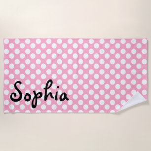 Personalized Pink and White Polka Dot Beach Towel