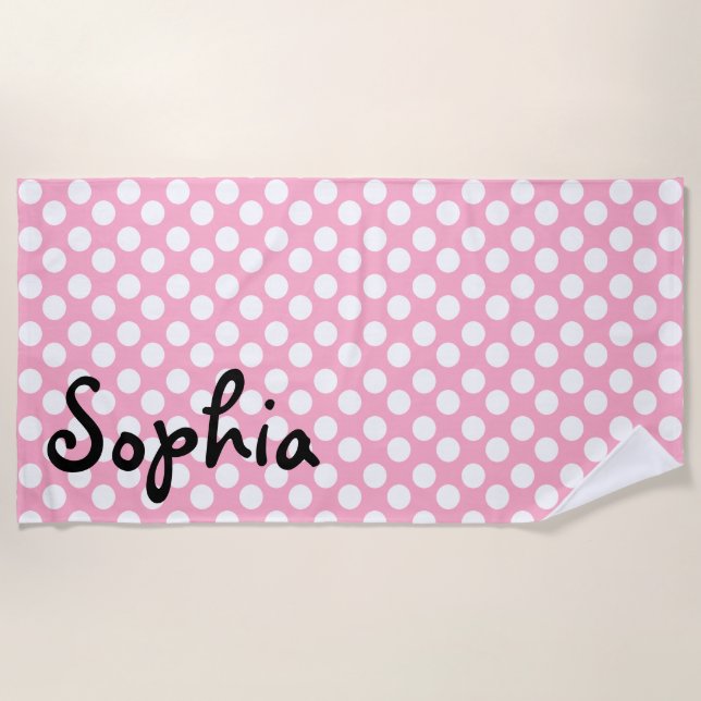 Personalized Pink and White Polka Dot Beach Towel (Front)