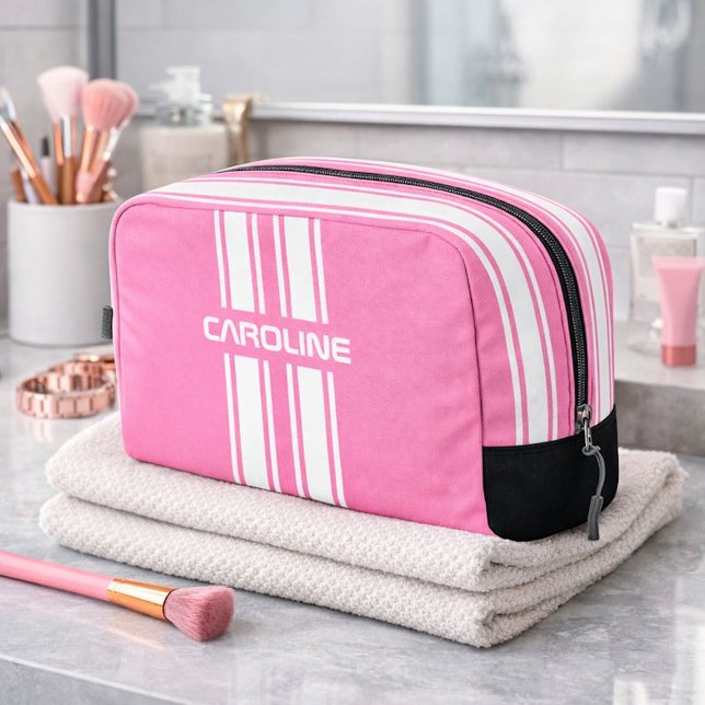 Personalized Pink And White Racing Stripe Travel Dopp Kit (Creator Uploaded)