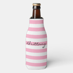 Personalized Pink and White Striped Bottle Cooler