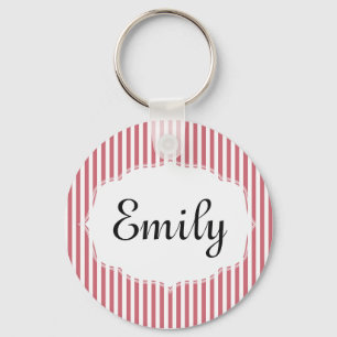 Personalized Pink and White Striped Keychain
