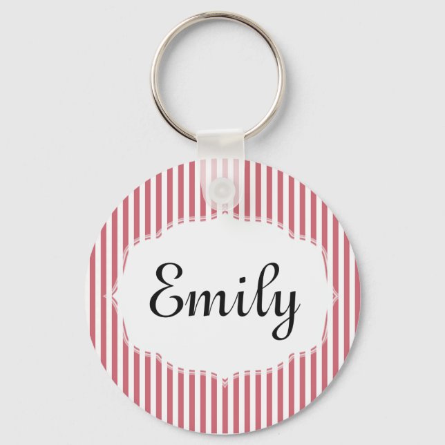 Personalized Pink and White Striped Keychain (Front)
