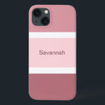 Personalized Pink And White Stripes Modern iPhone 13 Case<br><div class="desc">Cute and stylish cell phone case with a pink and white stripe pattern. Multiple shades of large pink stripes plus small white stripes. Personalized with your name printed in a rose text.</div>