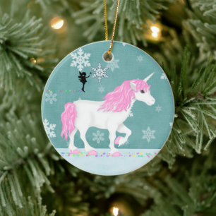 Personalized Pink and White Unicorn and Fairy Ceramic Ornament