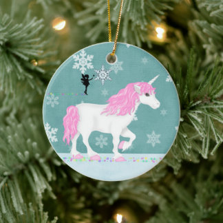 Personalized Pink and White Unicorn and Fairy Ceramic Ornament