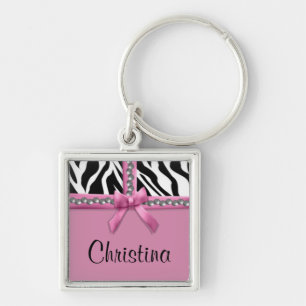 Personalized Pink And White Zebra Stripes And Gems Keychain