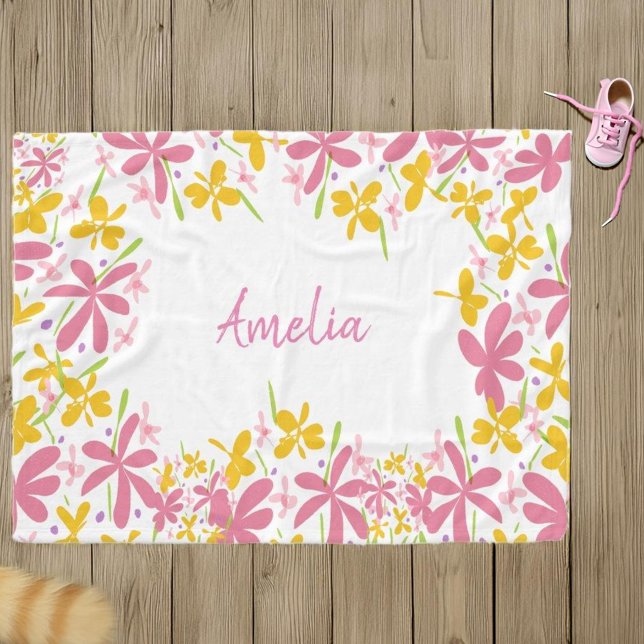 Personalized Pink and Yellow Wildflower  Fleece Blanket (Creator Uploaded)