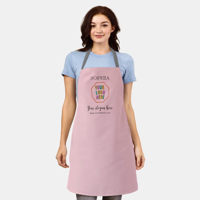Personalized Pink Apron with Custom Company Logo (Worn)