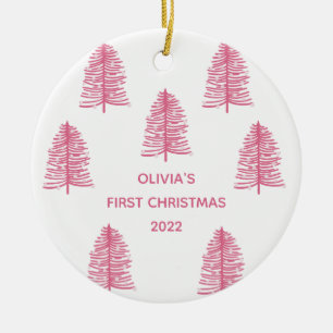 Personalized Pink Babies First Christmas Tree Ceramic Ornament