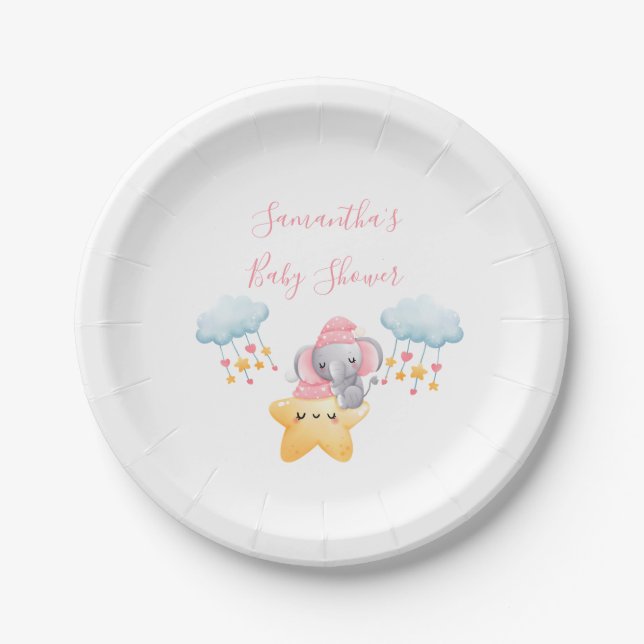 Personalized Pink Baby Elephant Baby Shower Paper Plate (Front)