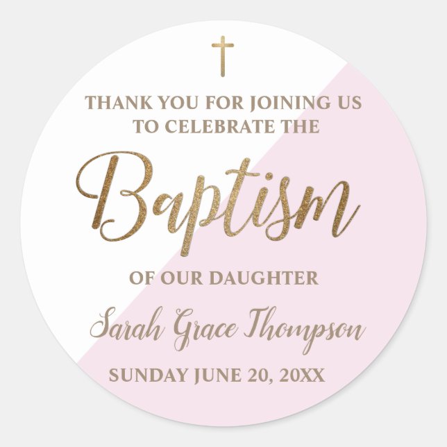 Personalized Pink Baby girl baptism thank you Classic Round Sticker (Front)