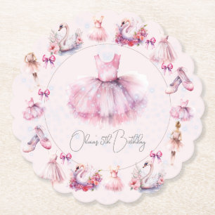 Personalized Pink Ballerina Birthday Paper Coaster
