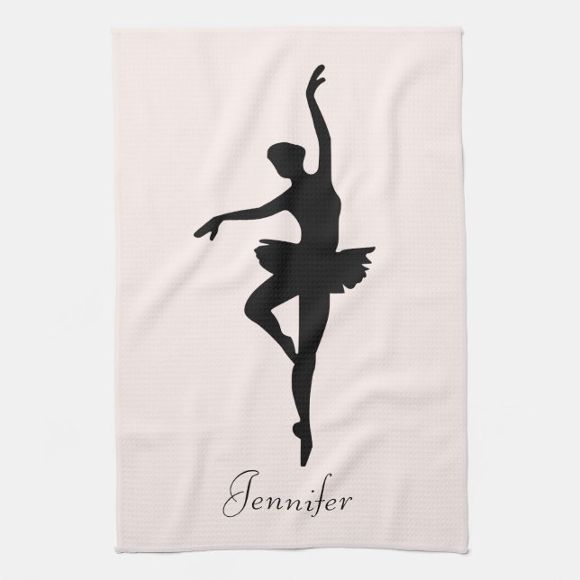 Personalized Pink Ballerina Dance Silhouette Kitchen Towel (Vertical)