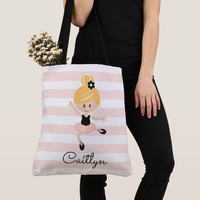 Personalized Pink Ballerina Tote Bag Blonde Hair (Close Up)