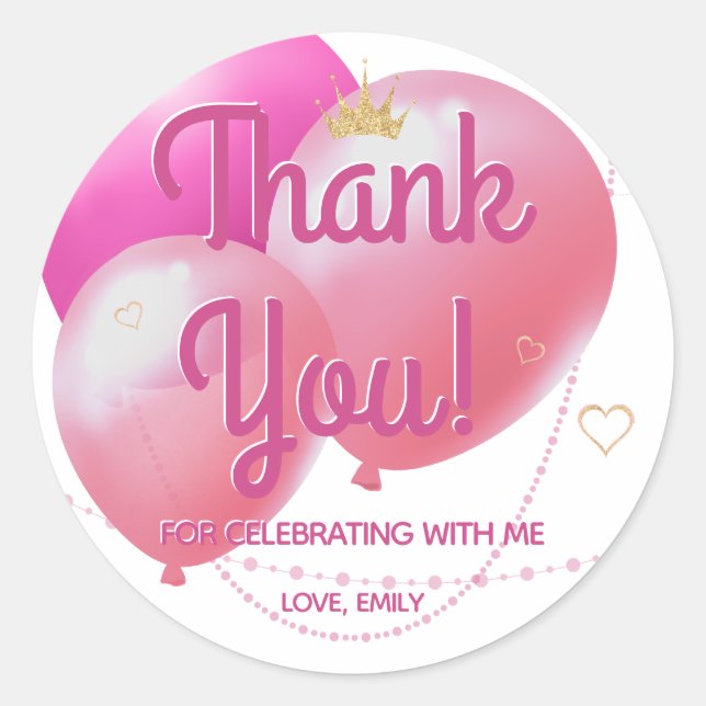 Personalized Pink Balloon Thank You Classic Round Sticker (Front)
