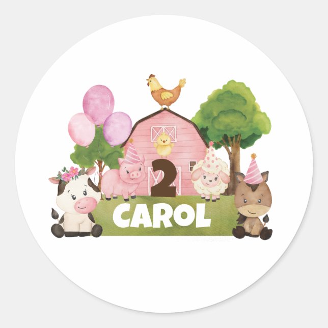 Personalized Pink Barnyard Birthday Classic Round Sticker (Front)