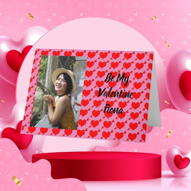 Personalized Pink Be My Valentine Red Heart Card (Creator Uploaded)