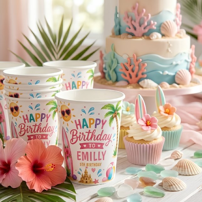 Personalized Pink Beach Party Birthday Paper Cups (Creator Uploaded)