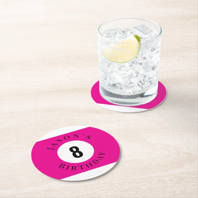 Personalized Pink Billiard Pool Ball Birthday Round Paper Coaster (Insitu)