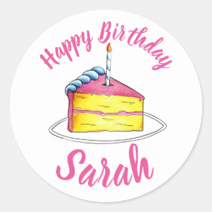 Personalized Pink Birthday Party Cake Slice Candle Classic Round Sticker