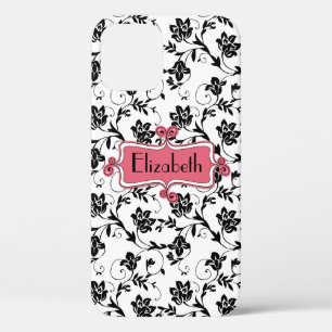 Personalized Pink Black Damask iPhone 12 Case