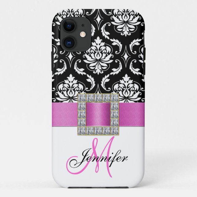 Personalized Pink Black Damask iPhone 5 Case (Back)