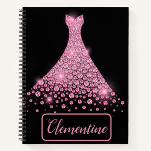 Personalized Pink Black Glitter Gown Sketchbook Notebook