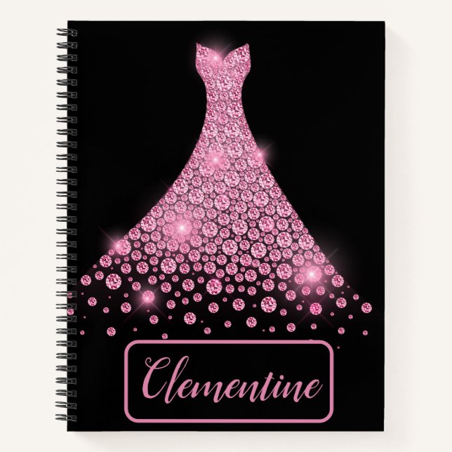 Personalized Pink Black Glitter Gown Sketchbook Notebook (Front)