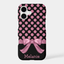 Personalized Pink Black Polka Dot Ribbon Bow