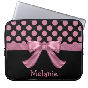 Personalized Pink Black Polka Dot Ribbon Bow Laptop Sleeve