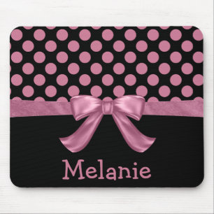 Personalized Pink Black Polka Dot Ribbon Bow Mouse Pad