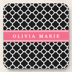 Personalized Pink Black Quatrefoil Pattern Coaster