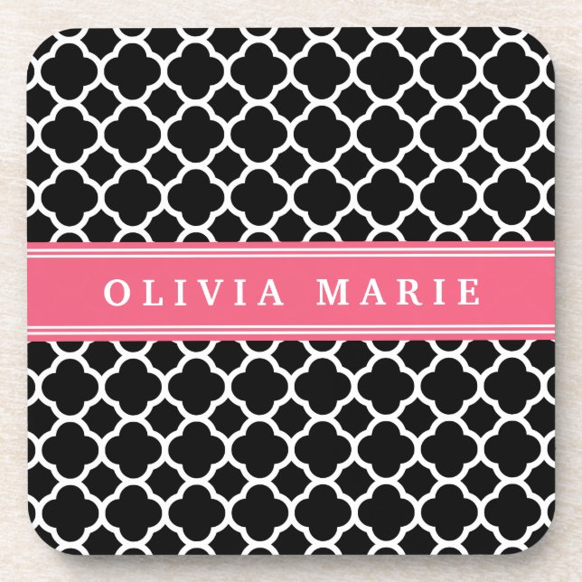 Personalized Pink Black Quatrefoil Pattern Coaster (Front)