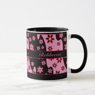 Personalized pink black red floral pattern mug