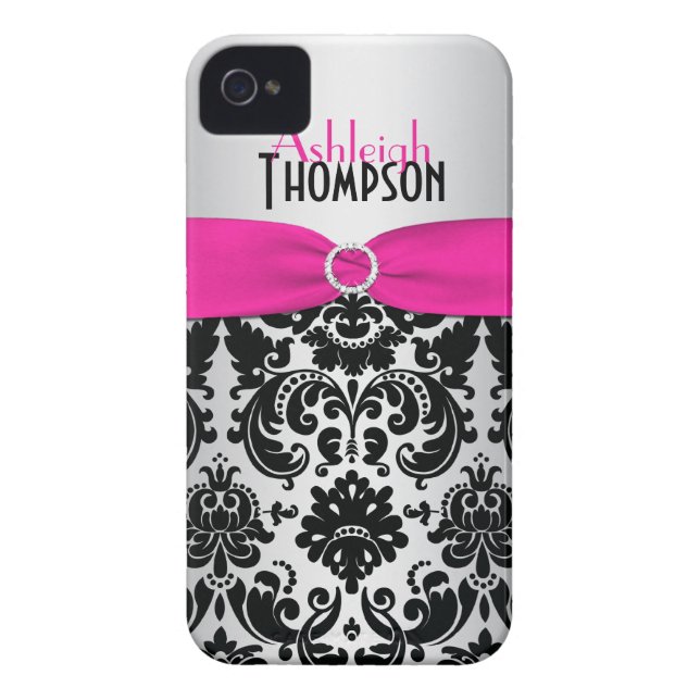 Personalized Pink, Black, Silver Damask Case-Mate iPhone Case (Back)