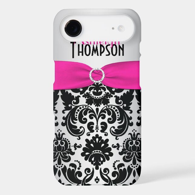 Personalized Pink, Black, Silver Damask Case-Mate iPhone Case (Back)